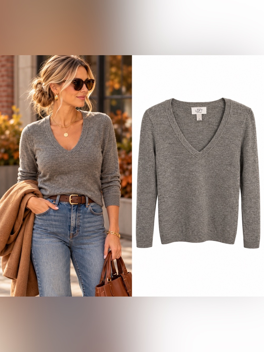 Ann Taylor LOFT 100% Cashmere Gray V Neck Sweater Medium